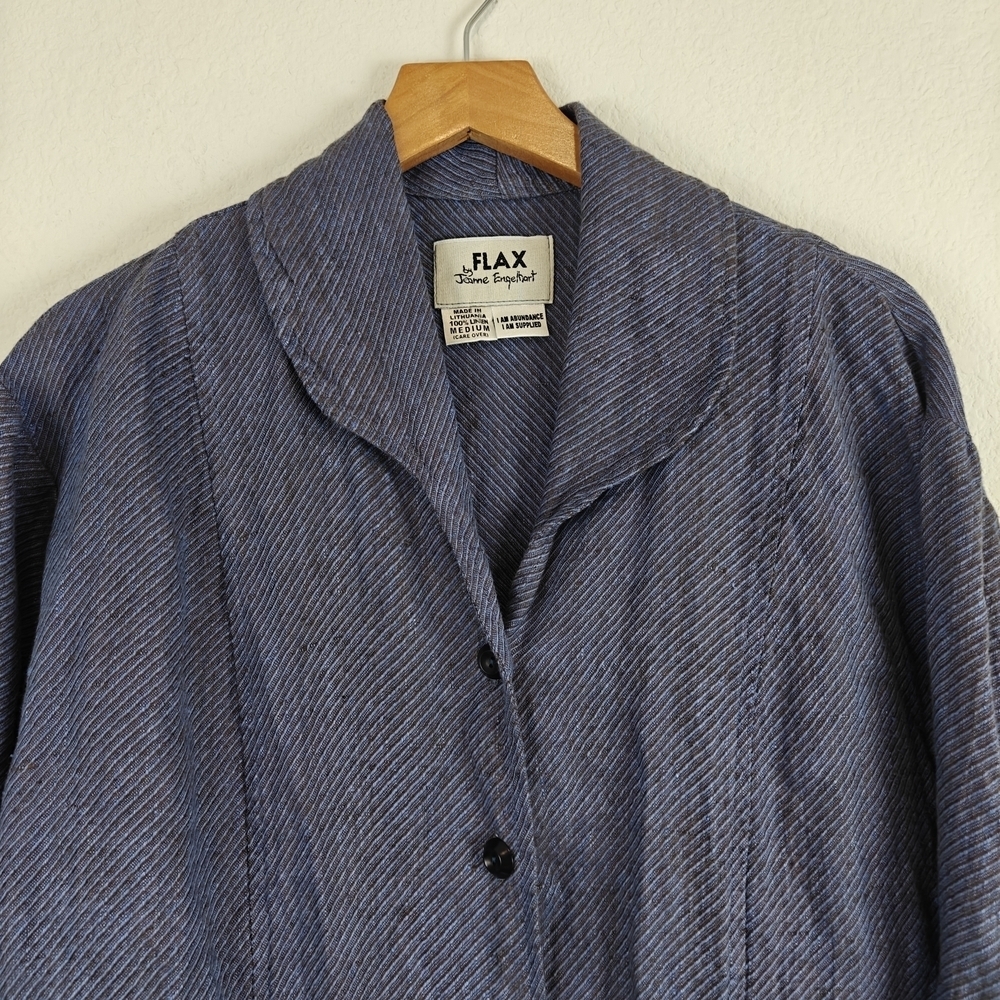 FLAX Jeanne Engelhart VTG 100% Linen Long Sleeve Jacket Pockets Blue Button M - Picture 7 of 13